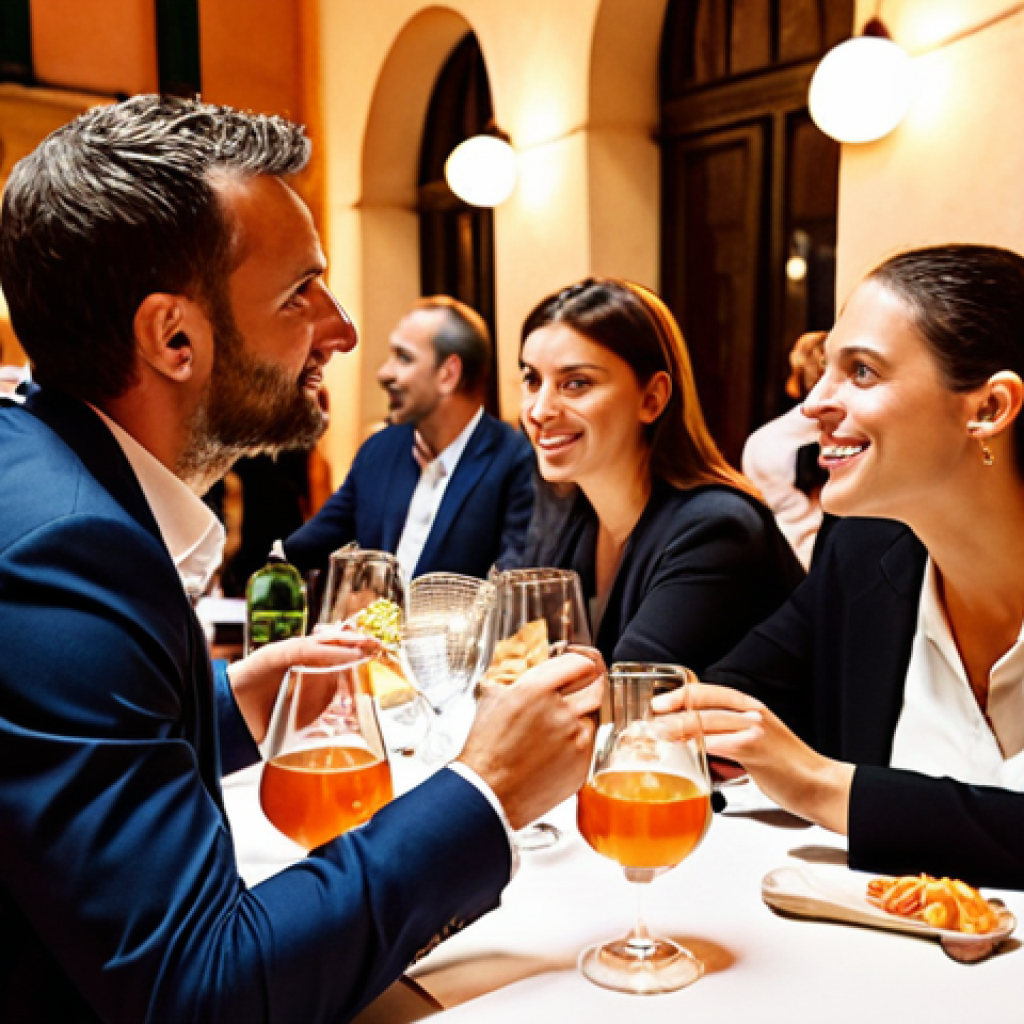 **A solopreneur authentically engaging in a conversation at a networking event in Italy, surrounded by other professionals, with warm lighting and aperitivo on the table.** (Focus: Authentic connection, Italian setting)