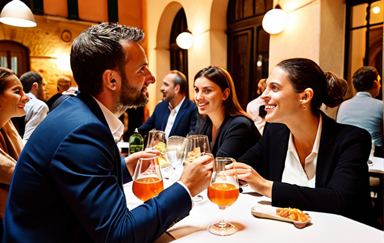**A solopreneur authentically engaging in a conversation at a networking event in Italy, surrounded by other professionals, with warm lighting and aperitivo on the table.** (Focus: Authentic connection, Italian setting)
