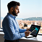 A professional Italian solopreneur, fully clothed in a modest, contemporary business casual outfit, is intensely focused on a sleek tablet displaying abstract data visualizations, representing artificial intelligence. The setting is a bright, modern, and minimalist home office with large windows overlooking a beautiful Italian cityscape. The atmosphere is calm and productive, symbolizing innovation, adaptability, and efficiency. Perfect anatomy, correct proportions, natural pose, well-formed hands, proper finger count, natural body proportions. Professional photography, high quality, sharp focus, vibrant colors, soft lighting, safe for work, appropriate content, fully clothed, professional.