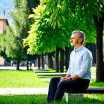 Home 13 A professional solopreneur, fully clothed in comfortable, modest business casual attire, taking a mindful break in a serene, sun-dappled urban park in Italy. The subject is sitting on a bench, a relaxed, natural pose, looking calm and refreshed, with no digital devices in hand. Lush green foliage and distant, blurred city architecture form the background, conveying a sense of tranquility and disconnection. Perfect anatomy, correct proportions, natural body proportions, well-formed hands, proper finger count. Professional photography, soft natural light, high-resolution, safe for work, appropriate content, family-friendly.