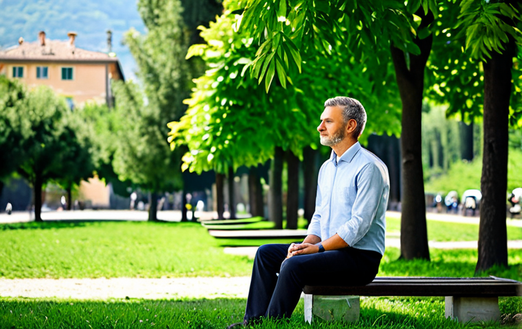 A professional solopreneur, fully clothed in comfortable, modest business casual attire, taking a mindful break in a serene, sun-dappled urban park in Italy. The subject is sitting on a bench, a relaxed, natural pose, looking calm and refreshed, with no digital devices in hand. Lush green foliage and distant, blurred city architecture form the background, conveying a sense of tranquility and disconnection. Perfect anatomy, correct proportions, natural body proportions, well-formed hands, proper finger count. Professional photography, soft natural light, high-resolution, safe for work, appropriate content, family-friendly.