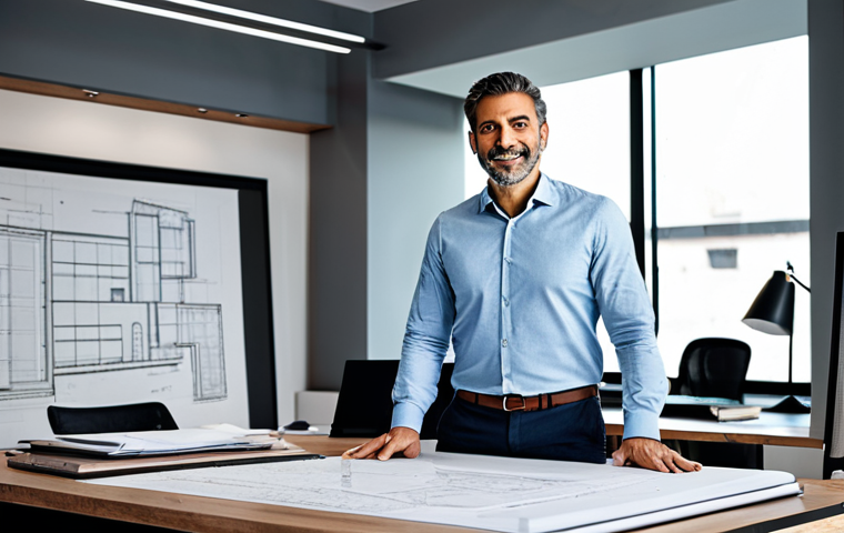 **
"A professional Italian architect, fully clothed in a stylish business casual outfit, standing in a modern architectural office with blueprints spread on a large desk, safe for work, appropriate attire, perfect anatomy, natural pose, high-resolution photography, professional lighting, family-friendly, focus on the architect's confident expression, clean background."
**
